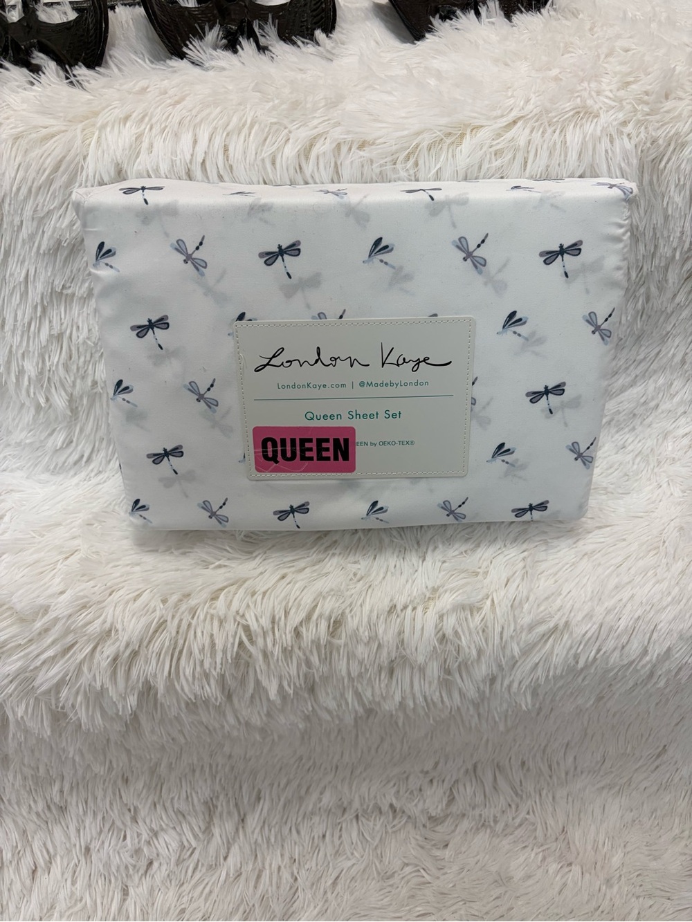 London Kaye Queen Sheet Set in White with Blue Dragonfly Print